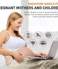 Pregnant woman using laptop with Faraday Fabric Kit With Pro Grade Conductive Tape, radiation shield for mothers and children description.