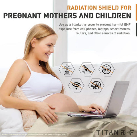 Pregnant woman using laptop with Faraday Fabric Kit With Pro Grade Conductive Tape, radiation shield for mothers and children description.
