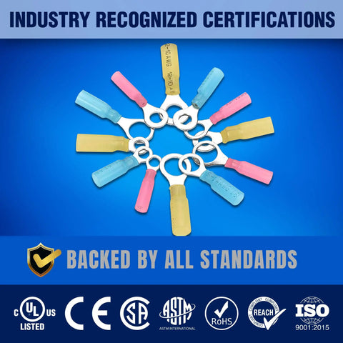 Heat Shrink Ring Connector Kit with KableSeal technology arranged in a circle, various colors, UL and CE certified.