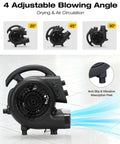Air Mover Blower Fan 2000 CFM, One Third HP Workhorse Carpet Dryer with timer and 4 adjustable angles, black, on tiled floor