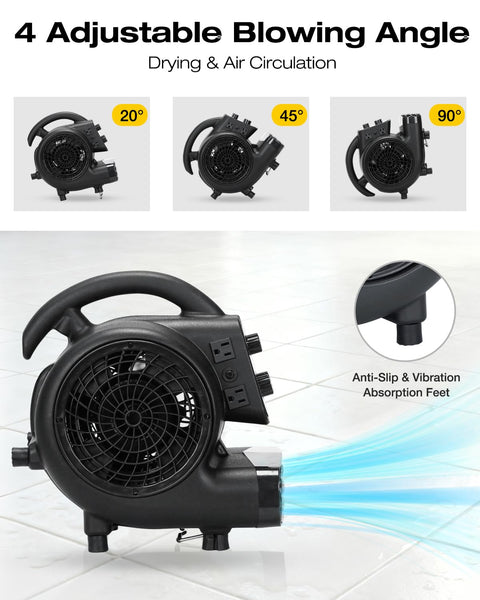 Air Mover Blower Fan 2000 CFM, One Third HP Workhorse Carpet Dryer with timer and 4 adjustable angles, black, on tiled floor