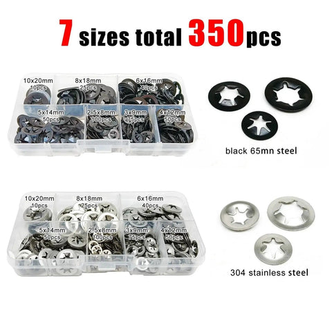 700 Pcs Lock Washer And Retaining Clip Kit, sizes M2.5-M10, 350 pieces, black and silver, 304 stainless steel for repair projects
