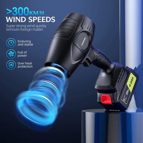 Beast Of A Cordless Leaf Blower With 980000 RPM Turbine Motor, highlighting 300 km/h wind speed and 21V 4.0Ah battery on display.