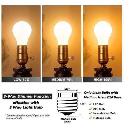 Slick 3 Way Lamp Socket With Twist Dimmer Switch And Antique Brass Rotary Knob For No Fuss Table And Floor Lamp Replacement Includes Two Pack UL Verified showing low, medium, and high brightness settings.