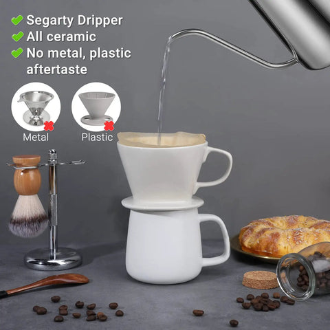 No.2 White Ceramic Pour Over Coffee Dripper For Single Cup, Reusable Filter Cone With Flat Bottom And Three Holes, Easy Pour Slow Brew For Home Office Travel Camping