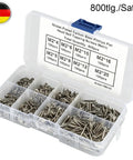 Assorted stainless steel screws in box, 800-piece set, M2 sizes for furniture assembly, secure fastening