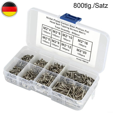 Assorted stainless steel screws in box, 800-piece set, M2 sizes for furniture assembly, secure fastening