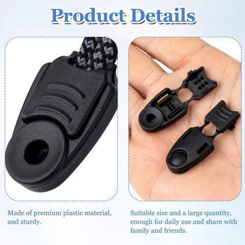 50 Pcs Zipper Pull Tabs And Cord Ends Kit For Paracord, Parachute Cord, Shoelace Tips, black plastic close-up