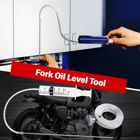 Motorcycle Fork Service Kit With Oil Level Tool and syringe, showing hands using oil fill equipment