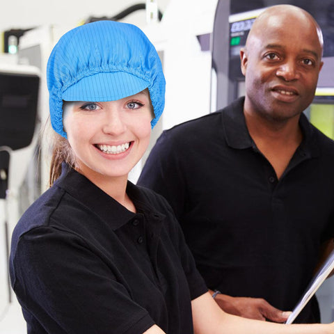 Gotta Love These Five Pack Anti Static Work Caps Designed With Breathable Mesh To Keep Your Head Fresh In Cleanrooms And Workshops Lightweight Blue Scrub Hats, featuring a woman wearing a blue mesh cap.