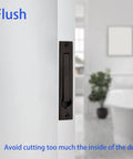 Pocket Door Handles Matte Black Stainless Steel 304 Edge Pulls Hidden Flush Mount Hardware next to a bathroom door