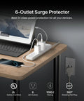 6 Outlet Surge Protector Power Strip Featuring A 360 Degree Rotating Plug And 6 Foot Cord on a modern desk with devices connected.