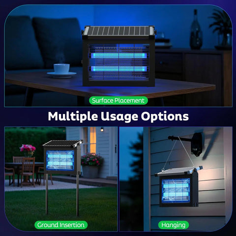 Solar Bug Zapper Outdoor Cordless Mosquito Killer Lamp With 10W Solar Panel and 4500V Shock Grid in different settings