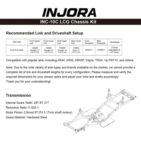 Diagram showing Low Center Gravity Carbon Fiber Chassis Kit With Center Transmission For 1 To 10 RC Crawlers Upgrade, compatible with AR44.