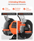 Badass Six Inch Bench Grinder With 3450 Rpm Single Speed Motor And Dual Grit Grinding Wheels Paired With Bright LED work light showing 36-grit and 60-grit wheels.