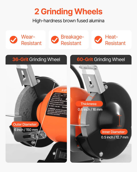 Badass Six Inch Bench Grinder With 3450 Rpm Single Speed Motor And Dual Grit Grinding Wheels Paired With Bright LED work light showing 36-grit and 60-grit wheels.