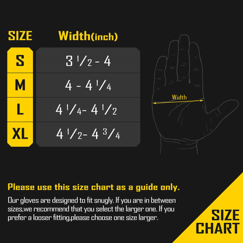 Size chart for nitrile dipped safety work gloves with grip non slip rubber coated for garden and industrial tasks for men.