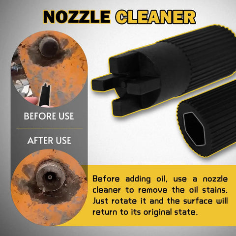 Nozzle cleaner tool with before and after use comparison, showing removal of oil stains; image text describes cleaning process.