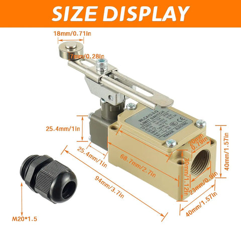 Adjustable Roller Lever Arm Limit Switch 380V 10A 1NO 1NC Momentary Pack Of 2 dimensions and size display