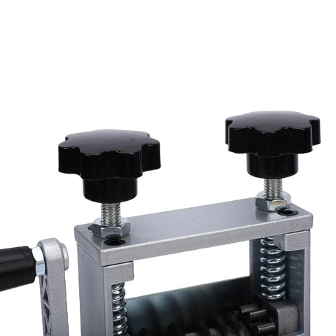 Close-up of Adjustable Electric Wire Stripping Machine Portable Cable Stripper Tool with V-Groove Rollers and tension knobs.