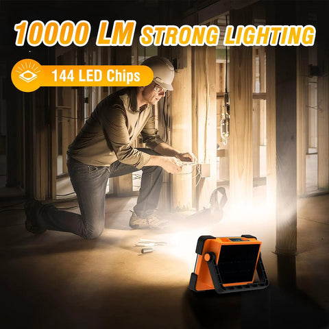 2 Pack Solar Rechargeable Work Light With 144 LED Beads And 10000LM Ultra Bright Output illuminating dark garage