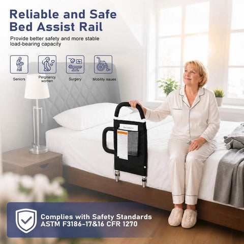 Granny Friendly Bed Rail With 2 Grab Bars And Storage Pocket for elderly woman sitting on bed, ASTM-certified safety rail.