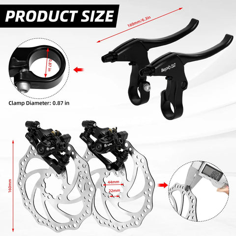 Diagram of Alloy Mechanical Disc Brake Kit For Mountain Bikes with 160mm rotors, calipers, and aluminum levers details.
