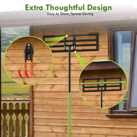 Lawn Leveling Rake with 6.5 foot handle and square tube design mounted on wall; space-saving storage