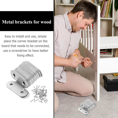 Man using Stainless Steel Flat Straight Bracket Set for furniture assembly with 22 pack mending plates and screws visible