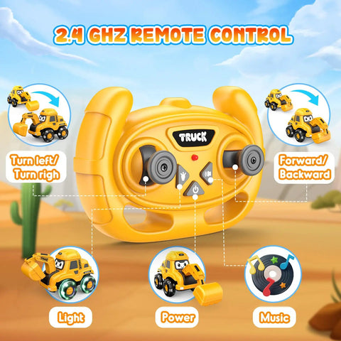 Remote Control Excavator Toy With Flashing Light Wheels For Toddlers Ages 2 To 6 USB Rechargeable Construction Vehicle Gift For Boys And Girls with yellow two-button controller and features displayed.