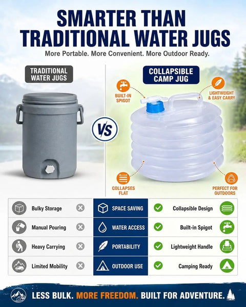 Comparison between traditional water jug and collapsible water container with spigot for camping and hiking, showcasing features and benefits.