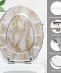 Elongated Toilet Seat Resin for Bathroom with marble design, adjustable stainless steel hinges, measures 14.5" x 18.5".