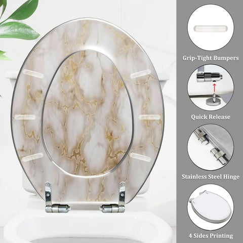 Elongated Toilet Seat Resin for Bathroom with marble design, adjustable stainless steel hinges, measures 14.5" x 18.5".