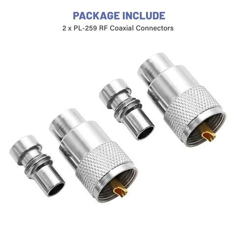 PL259 Coax Connector UHF Male Solder Plug With Reducer For RG8 RG59 RG8x LMR400 RG213 Coax Cable Ham Radio Antenna Builds 50 Ohm Rig Friendly 2 Pack Bundle showing two connectors with reducers