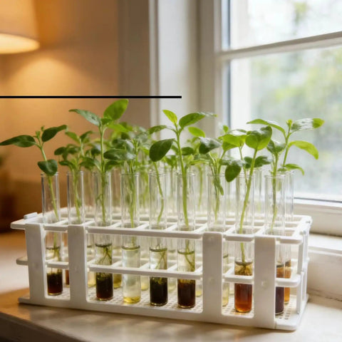 Two Pack 24 Hole White Plastic Test Tube Rack, Detachable Holder For 25mm And Smaller Tubes, displaying seedlings by window.