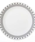 Snag This Pack Of Six Durable City Block Dinner Plates Built With Chip Resistant Three Layer Vitrelle Glass, white plate with black edge design.