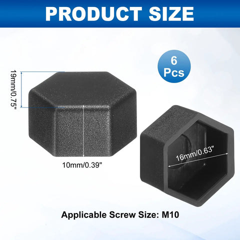 Black hex nut covers with dimensions, fits M10 bolts, 19x16x10mm size, part of Six Pack Hex Nut Covers Fit M10 Bolts Like A Glove Hella Durable Plastic Screw Guards Keep Those Sharp Threads Covered Up Sleek Black Caps Give Furniture Or Auto Projects That Clean Badass Vibe Smooth Operator Everyday.