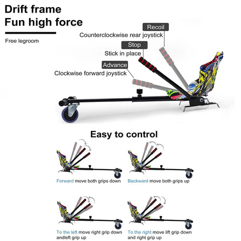 Turn Your Hoverboard Into A Dope Go Kart With Front Drifting Wheel Conversion Kit showing joystick controls and seat details