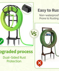 Comparison of Garden Water Hose Holder And Freestanding Hose Reel Rack With Storage Basket Heavy Duty Metal Stand With 5 Spikes For Patio Yard And Lawn Holds 151 Feet Of Hose Black showing rust resistance.