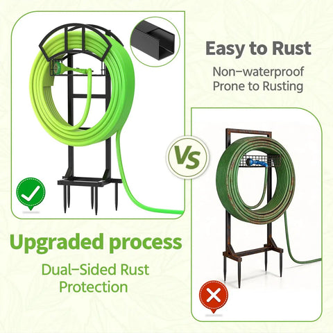 Comparison of Garden Water Hose Holder And Freestanding Hose Reel Rack With Storage Basket Heavy Duty Metal Stand With 5 Spikes For Patio Yard And Lawn Holds 151 Feet Of Hose Black showing rust resistance.