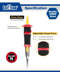 Adjustable 6 Inch Auto Center Punch With S2 Steel Tip And Spring Loaded Self Striking Design showing detailed specifications and adjustable strike force.