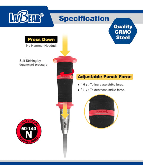 Adjustable 6 Inch Auto Center Punch With S2 Steel Tip And Spring Loaded Self Striking Design showing detailed specifications and adjustable strike force.