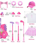 Slick Toddler Golf Club Set For Girls Ages Two To Four With Rad Breathable Outfit And Adjustable Hat Plus Lightweight Portable Cart For Fun Backyard Play features colorful golf set components.