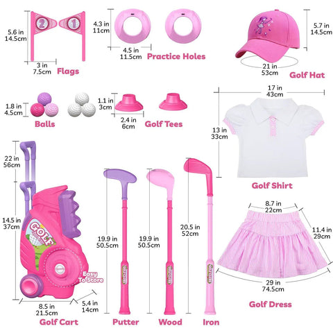 Slick Toddler Golf Club Set For Girls Ages Two To Four With Rad Breathable Outfit And Adjustable Hat Plus Lightweight Portable Cart For Fun Backyard Play features colorful golf set components.