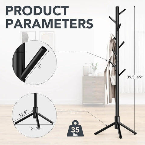 Freestanding Wooden Coat Rack With 8 Hooks, Easy Assembly, 3 Adjustable Heights, No Fuss New Zealand Pine, Sturdy Clothes Tree, Black Finish