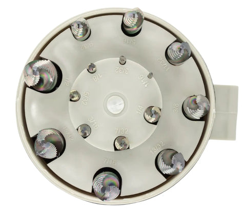 Top view of 15 Piece Stepped Point HSS Drill Bit Set 1/16 To 1/2 Inch Round Case 135 Degree Step Point Split Point Tips No Pilot Hole Needed Quick Start M2 Steel 3 Flat Shank Multi Color Finish in round case.