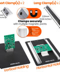 Heavy Duty PCB Holder Built For Pros With 1.7Kg Weight, Pro Grade Solid Metal Base 250mm By 200mm By 3mm, clamps and circuit boards