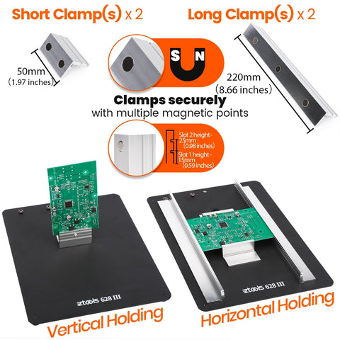 Heavy Duty PCB Holder Built For Pros With 1.7Kg Weight, Pro Grade Solid Metal Base 250mm By 200mm By 3mm, clamps and circuit boards