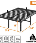 Rock Solid Full Size Bed Frame Featuring Heavy Duty Steel Slats And Recessed Middle Support Holds Three Thousand Five Hundred Pounds, 18 inch height, black steel slats.
