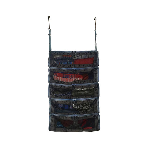 Black Large Hanging Luggage Organizer For Travel Fits Any Suitcase With See Through Mesh Windows, showing packed clothing
